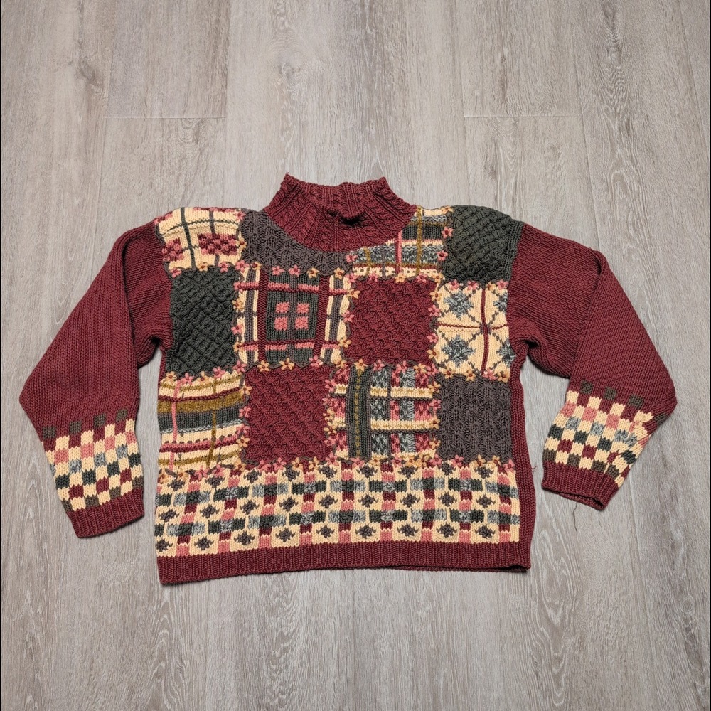 Vintage 90s Red Camel Patchwork 3D Knit Sweater Burgundy Women's S Cottagecore